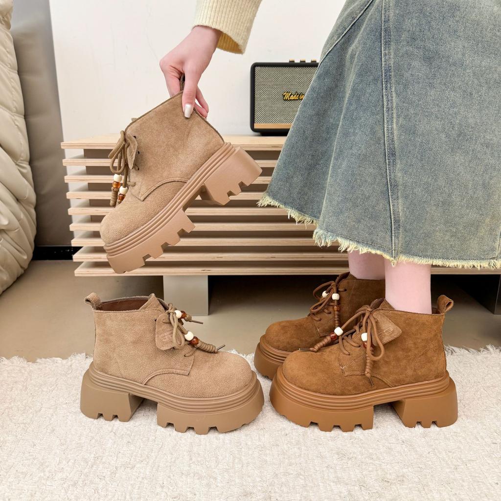 British Style Suede Women's Non-tired Feet Thick Soles Heightening Soft Elastic Comfort Shock Absorption Non-slip Casual Sports Martin Boots