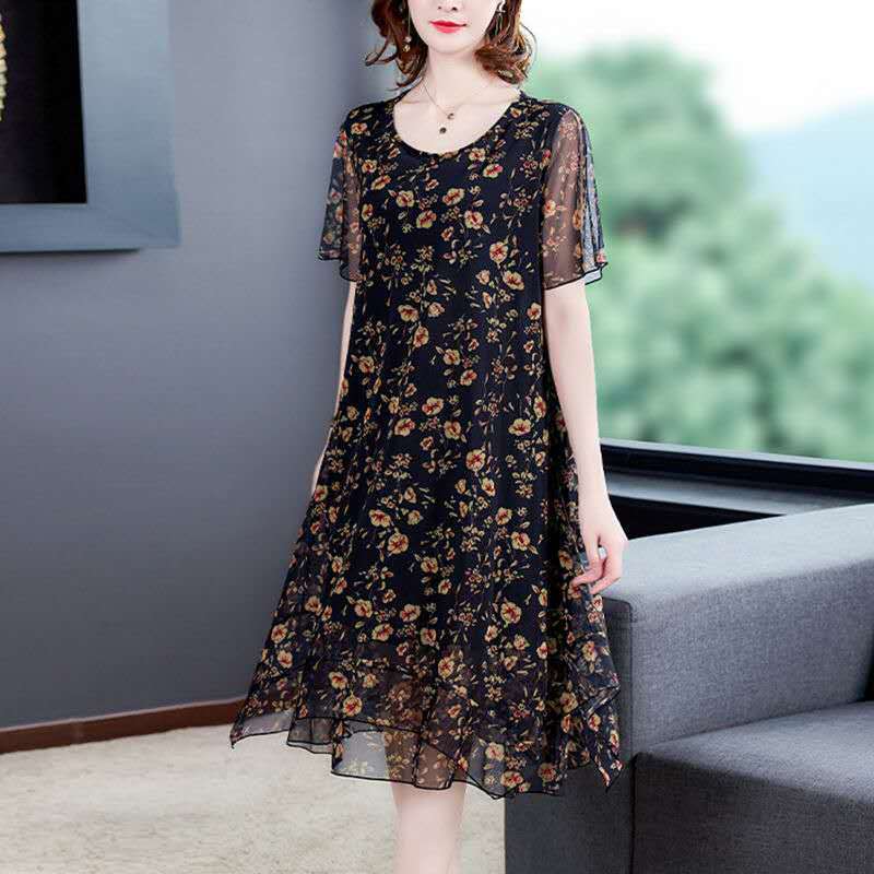 Women's Spring Summer Vintage Embroidered Large Size Women's Loose Mesh Large Size Short Sleeve Dress Printed Casual Dress