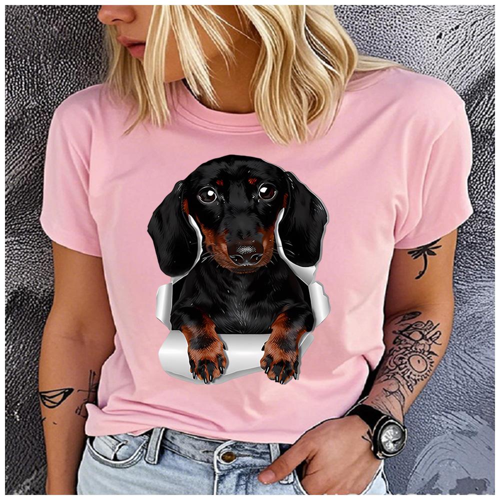 Cotton Cute Dachshund Break Through Paper Graphic T Shirt Women Casual Pet Dog Print Short Sleeve Tee Gift For Dachshund
