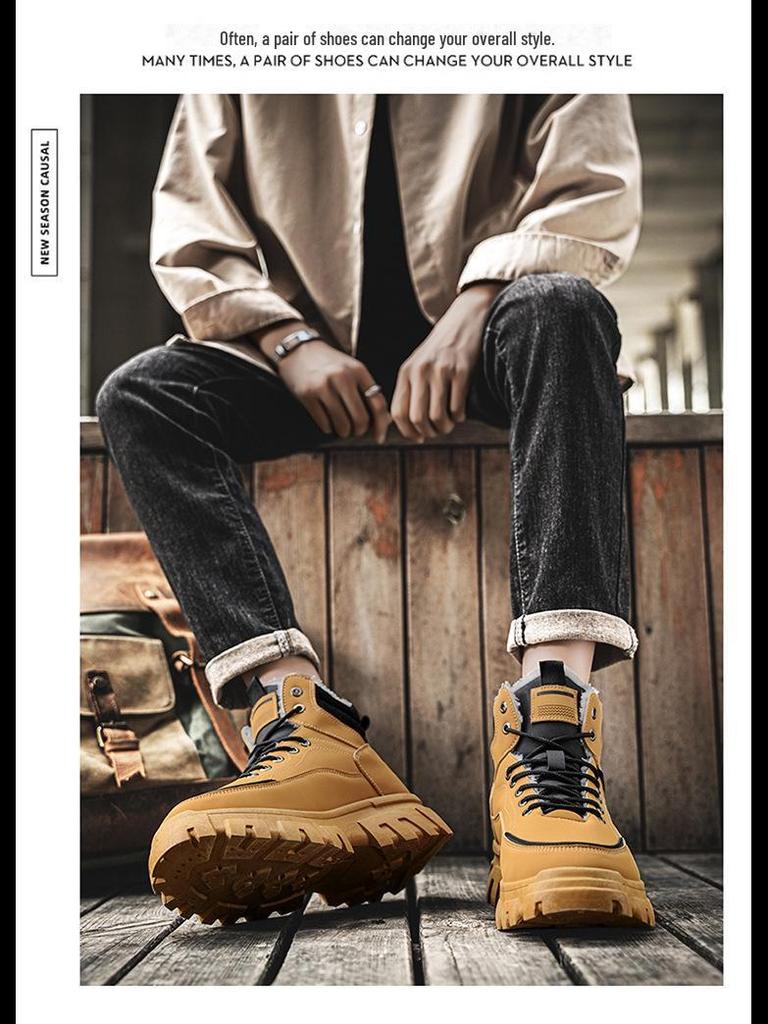 Men's High-Top Martin Boots - Velvet Winter Work Shoes, Retro Style with Thick Soles and Warm Cotton Lining.