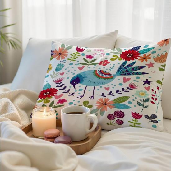 Boho Floral Bird Pillow Cover 18x18 Inches, Colorful Flower & Bird Pattern, Rustic Botanical Home Decor, Nature Lover Gift, Farmhouse Accent