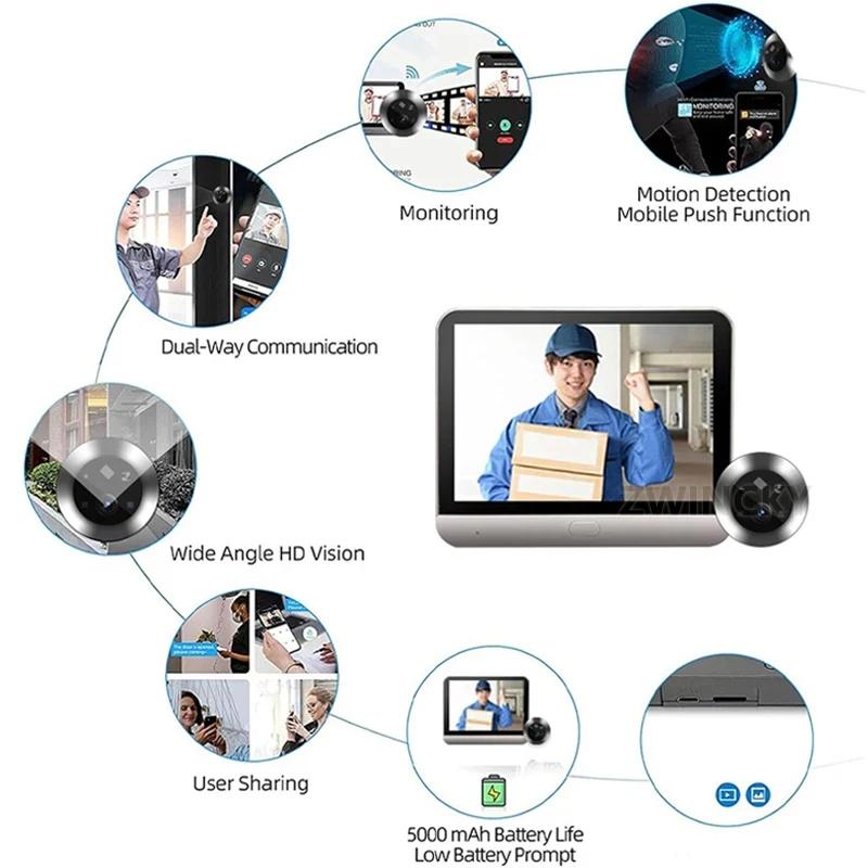 Умный цифровой дверной глазок с камерой 3,97 дюйма, ИК-ночное видение HD 1080P, мини-цифровой дверной глазок с кольцом для дверного звонка