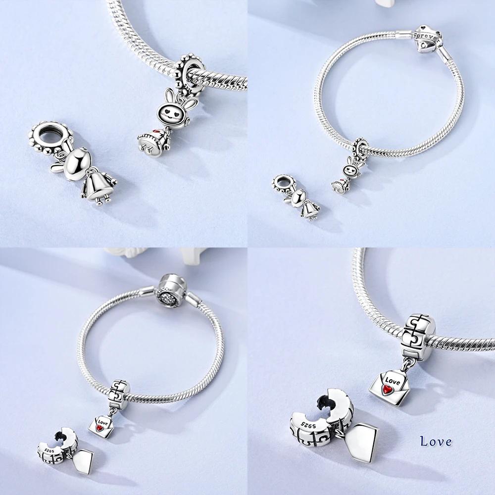 Jigsaw Heart Clip Pendant Rabbit Robot Charm 925 Silver Bead Fit Bracelet Women Accessory Valentines Fine Gift Jewelry