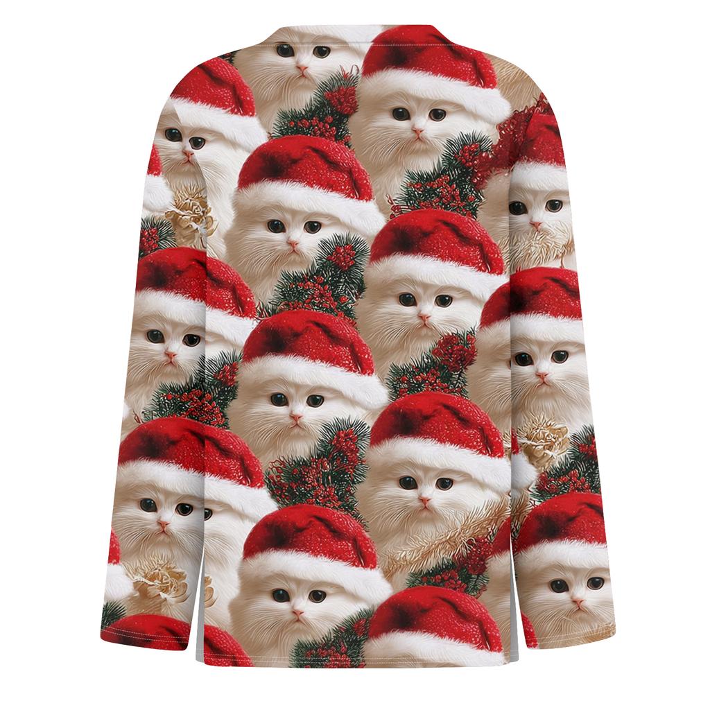 Women's Fashion Hem Slit Casual Christmas Printed Round Neck Long Sleeve Top