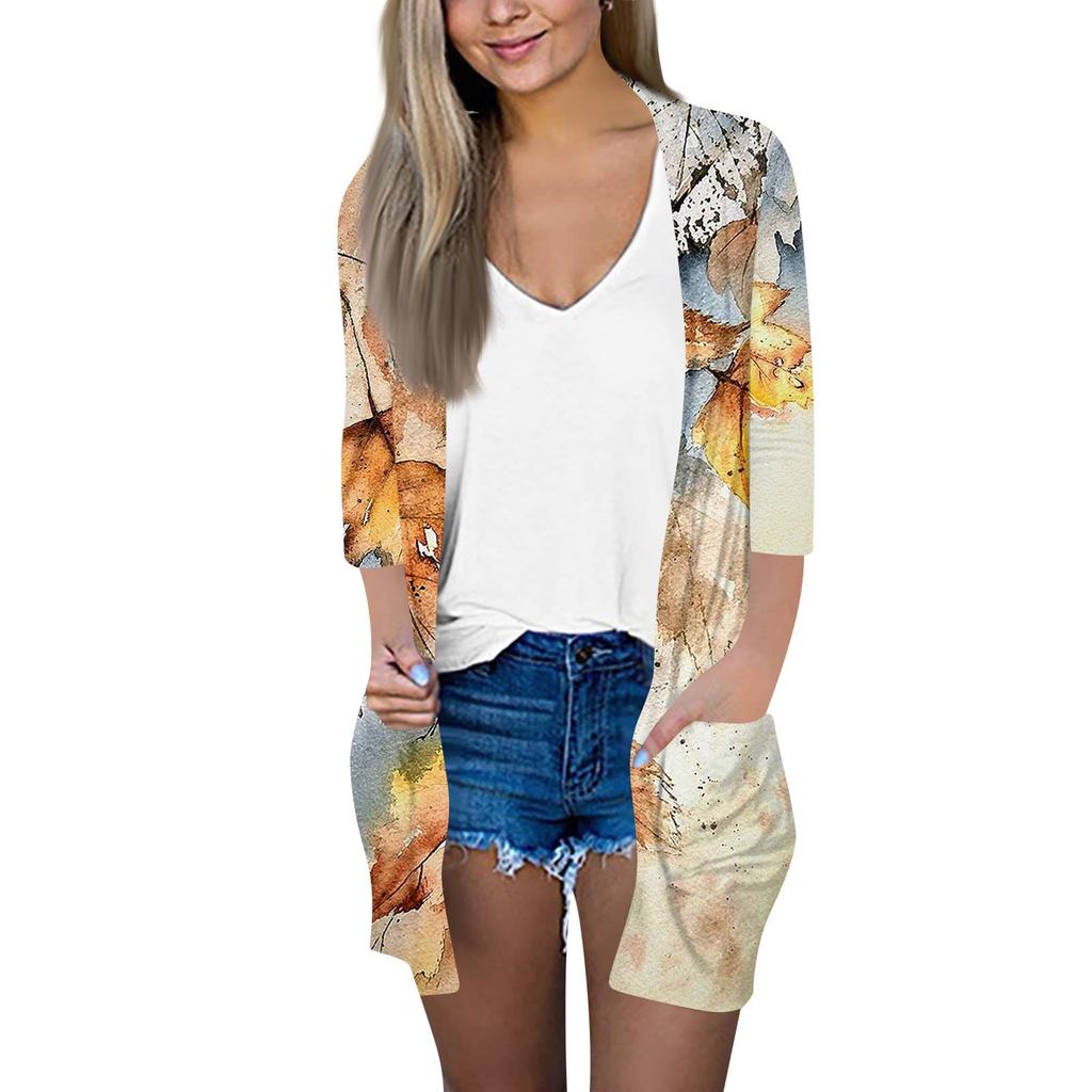 Женский модный свободный повседневный кардиган с принтом и карманами, куртка с рукавом семь восьмых, топ