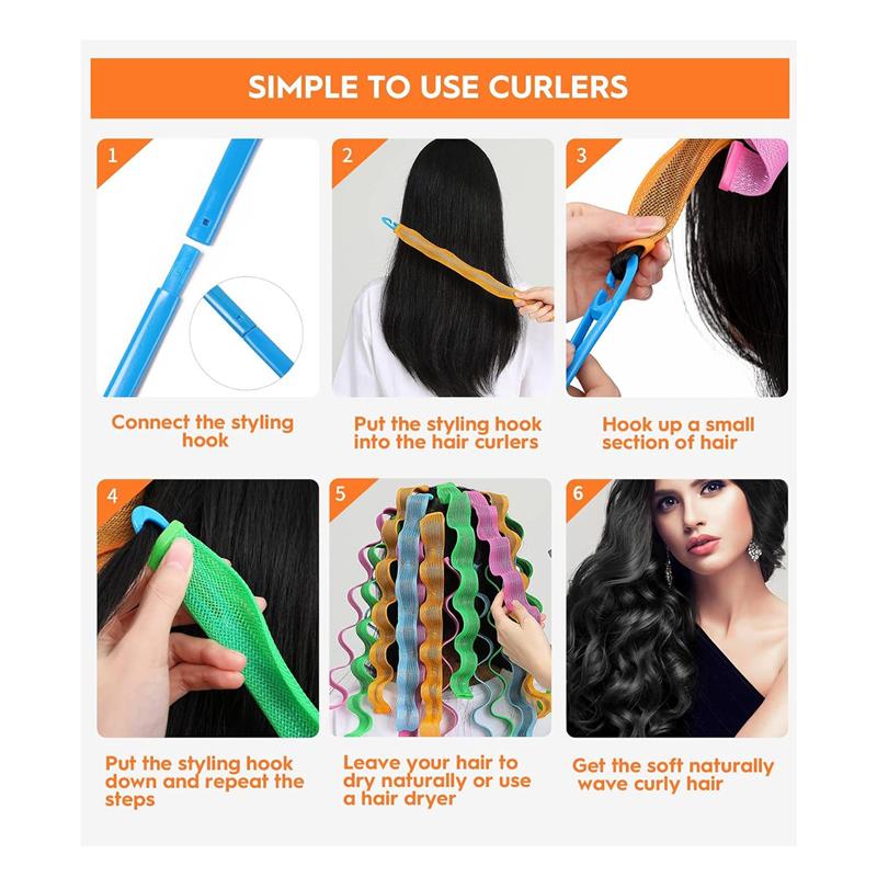 AEE4-40 Pieces Heatless Waves Hair Curler, No Heat Damage Wavy Hair Curlers With 2 Sets Of Styling Hooks, Heatless Curls