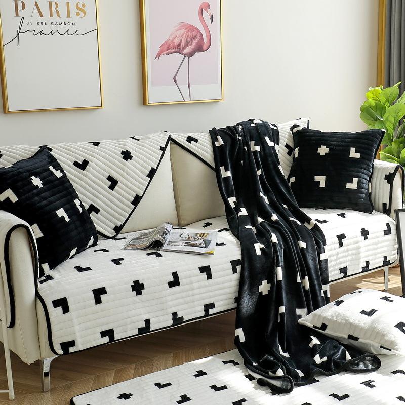 Подушка для дивана, кожаная подушка для дивана на осень и зиму, короткая плюшевая подушка, чехол из черно-белой фланели, противоскользящая подушка для дивана