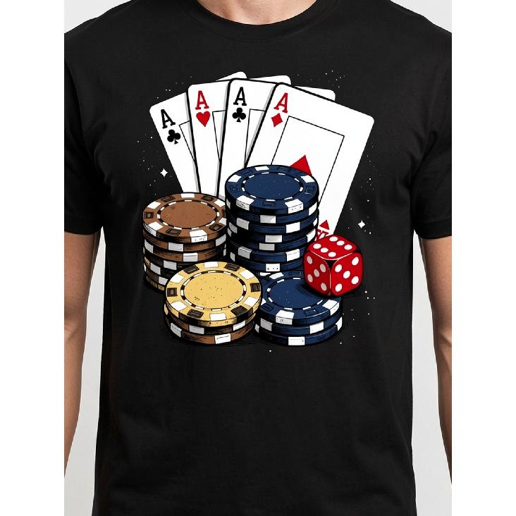 2026 NEW Men'S Retro Poker T-Shirt | Vintage Las Vegas Design with Playing Cards And Dice Graphic, Casual Crew Neck, Slight Stretch Fabric, Regular