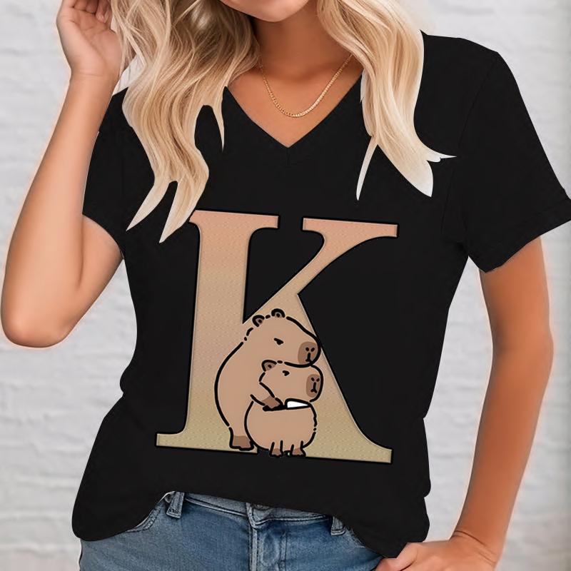 Alphabet Capybara Funny Print Tshirt Women Unisex Vneck Design Casual Cute Animal Short Sleeve T Shirts Oversized Novel Tees Top