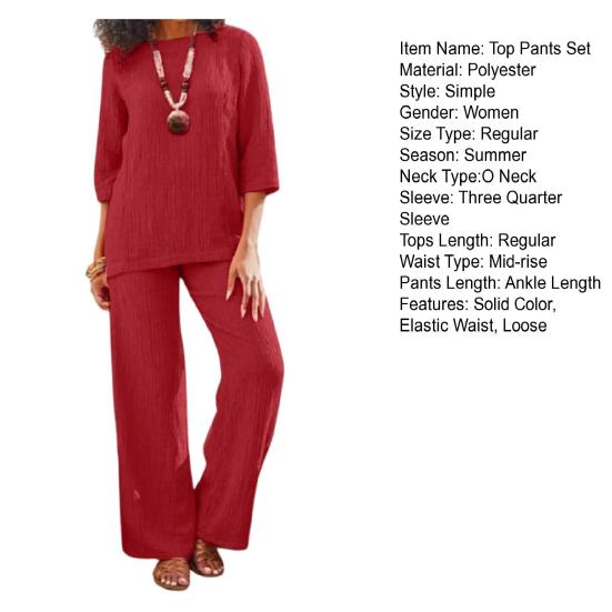 2 Pcs/Set Women Top Pants Set O Neck Three Quarter Sleeves Loose Retro Elastic