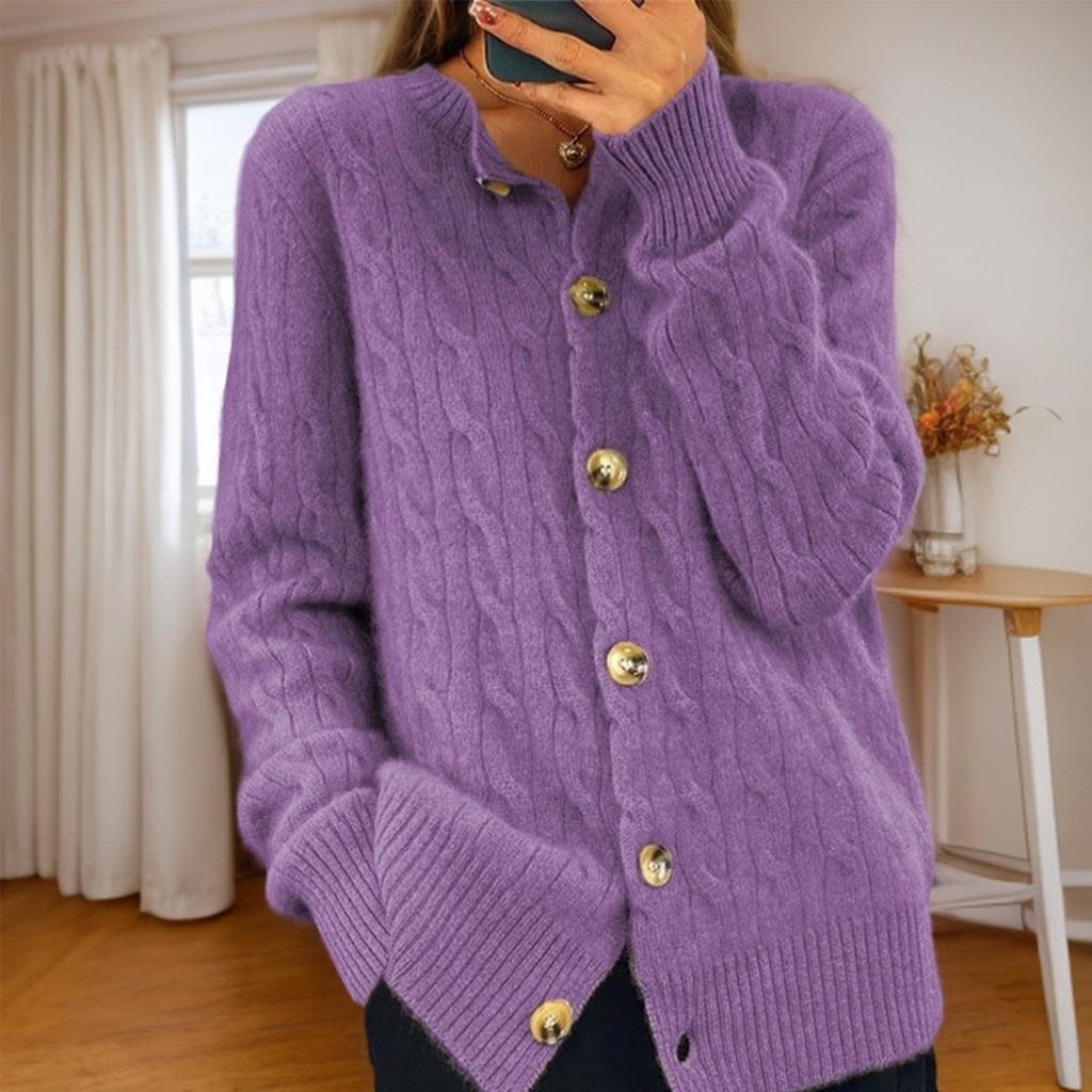 Женская мода однотонный длинный рукав круглый вырез вязаный кардиган пуговиц свитер куртка