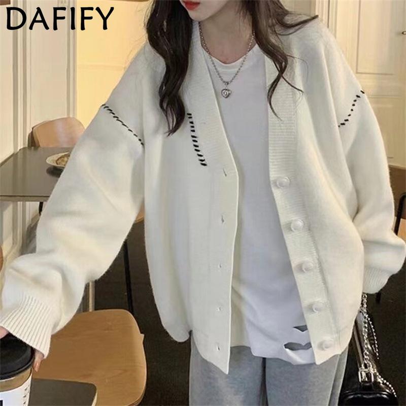 DAFIFY Women's Fashion Casual Fall Winter Solid Color Print Long Sleeve V-Neck Sweaters