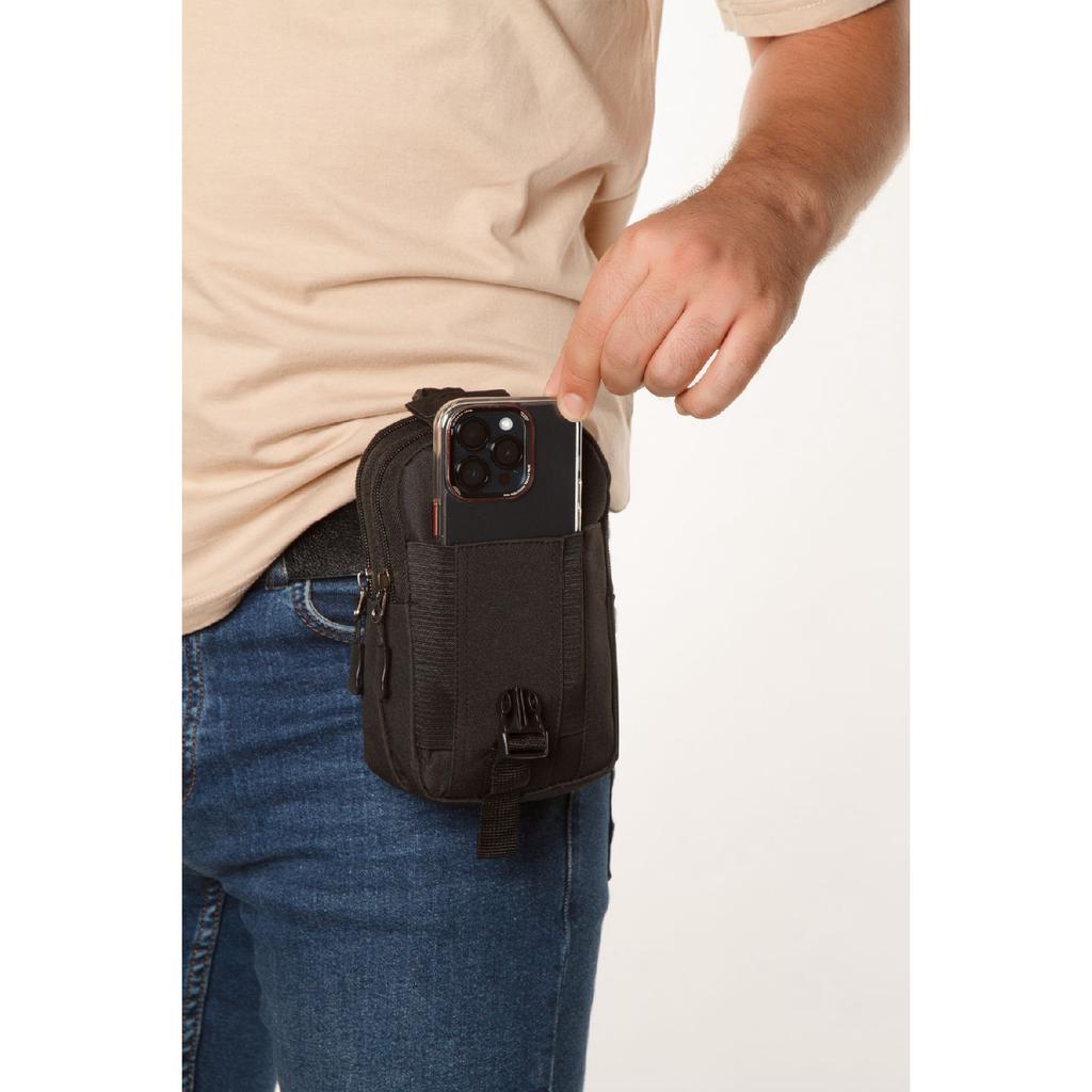 Men's Black Water Resistant Tactical Waist Bag With Belt Strap And Phone Compartment (outdoor, Work) (18x11 Cm)