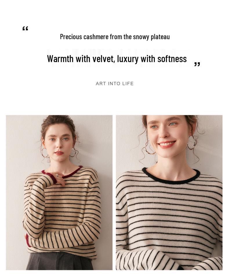 Cashmere Blend Women's Round Neck Color Block Stripe Knitwear: Loose, Elegant, Casual Autumn/Winter Pullover.