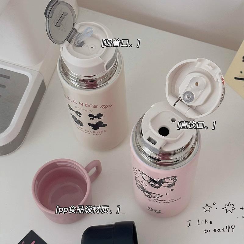 Girls Heart Student Vacuum Stainless Steel Thermos Cup Girls Bow Outdoor Thermos Cup Double Drinking Straw Water Cup