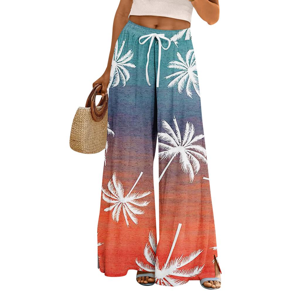 Women Summer Boho Palazzo Pants High Waist Wide Leg Rinting Casual Trousers With Pockets