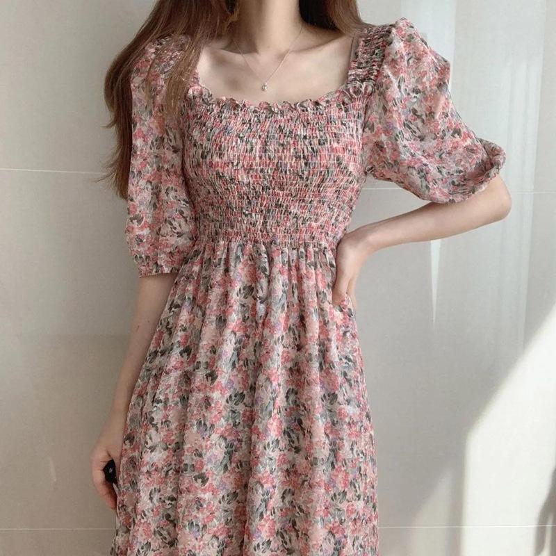 Women's Floral Chiffon Long Skirt Dress, Square Collar, Puff Sleeve, French Retro Style, 2024 Summer Collection.