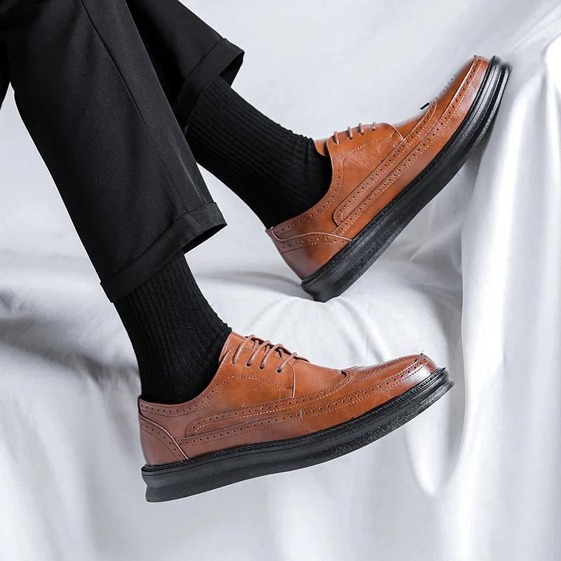 Classic Brogue Shoes Men Genuine Leather Luxury Men's Casual Business Shoes Lace-up Brown Shoes for Men Sapato Social Masculino