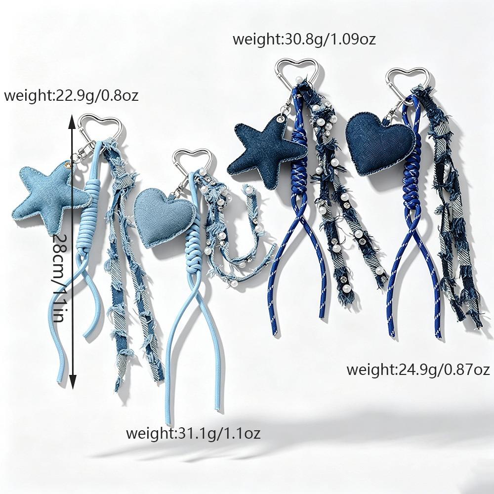 Star Heart Pendant Denim Keychain Distressed Frayed Keychain Pendant for Women Ladies Bag