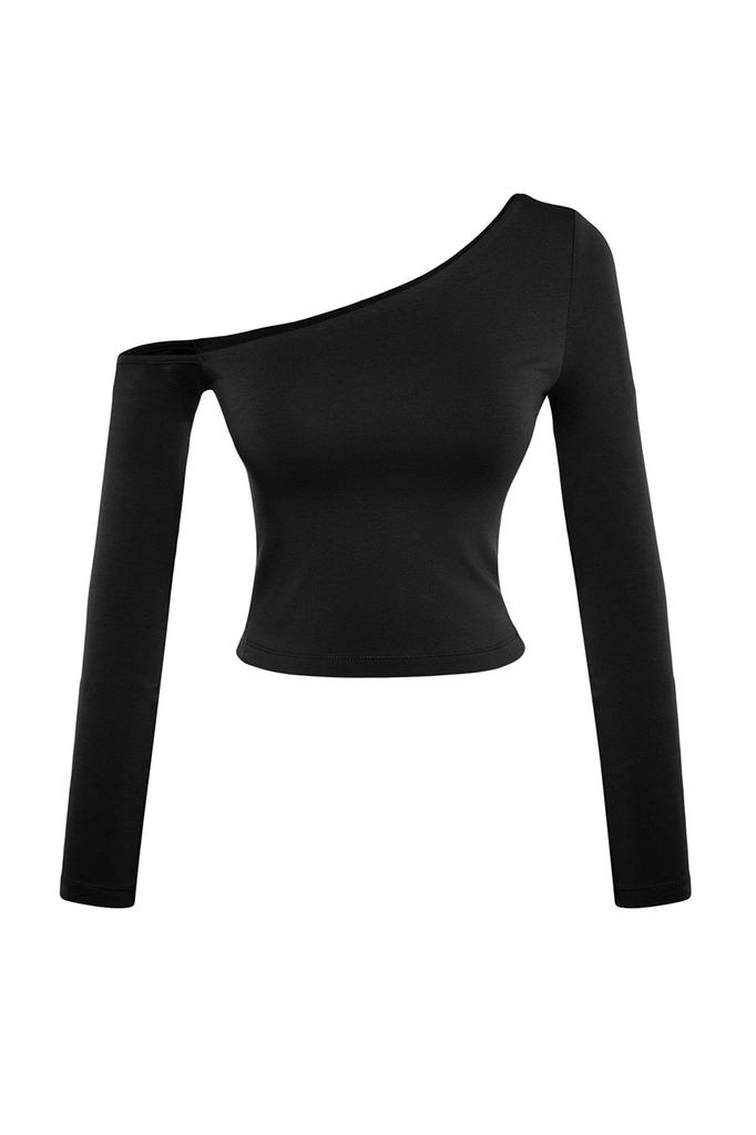 Women's Fashion New Blouse Black One Shoulder Cotton Stretchy Fitted Bodycon Crop Knitted Blouse