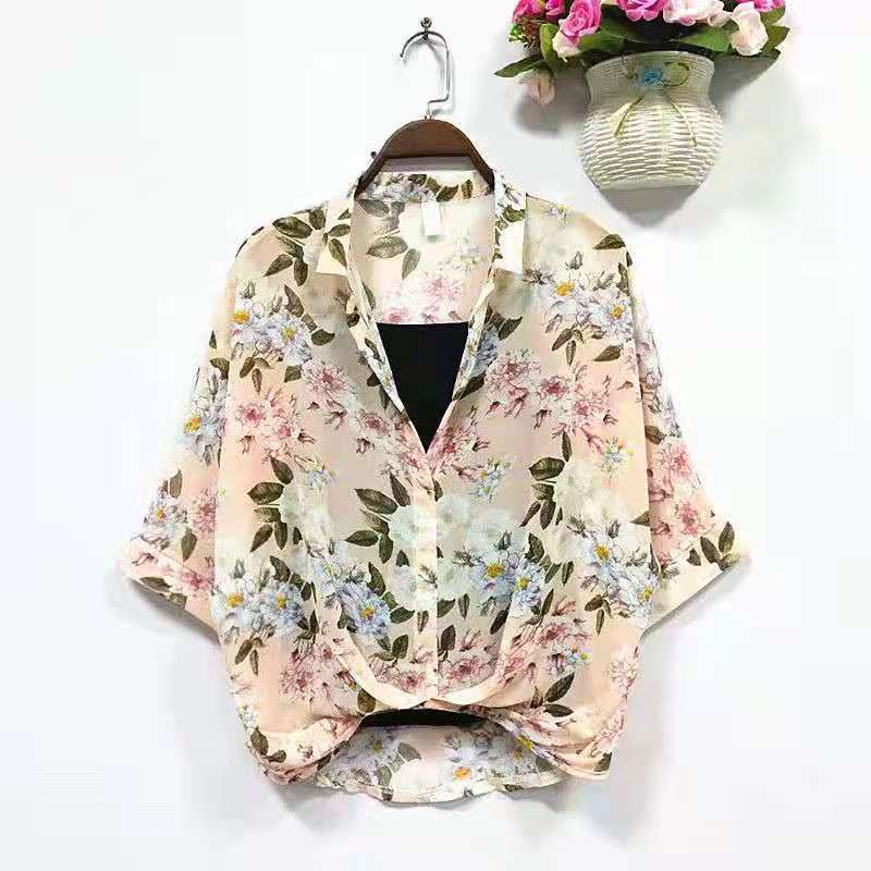 Летняя шифоновая рубашка-комбинация из двух частей, женская рубашка с рукавами «летучая мышь», корейская свободная рубашка с короткими рукавами