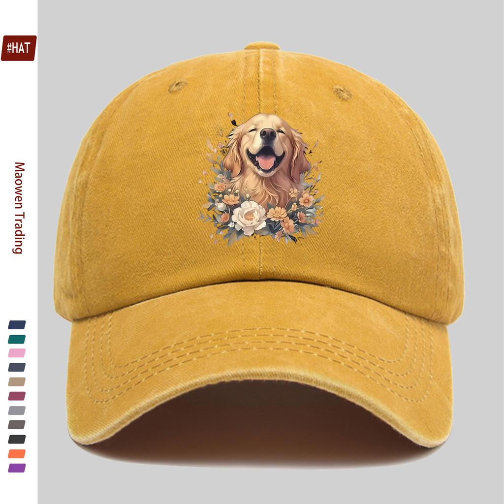 pc Golden Retriever And Floral Print Baseball Cap Cartoon Pet Dog Pattern Trucker Sun Hat Comfortable Lightweight Papa Hat D