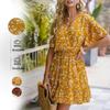 Women's Summer Dress V-neck Cinched Waist Ruffled Floral Print Short-sleeved Dress