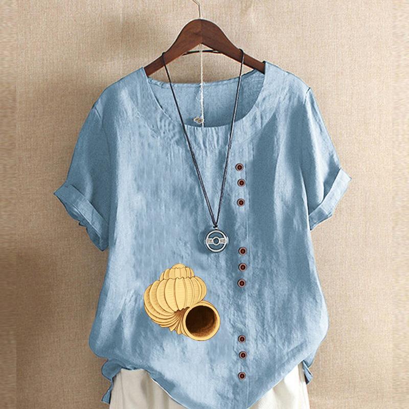 Women's Fashion Conch Print Short Sleeve T-shirt Loose Cotton Shirt Casual Loose Summer Blouse Tops Plus Size