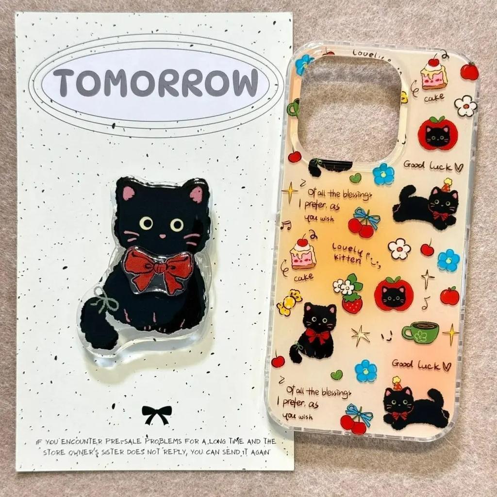 IDM Большое Отверстие Милый Черный Кот со Подставкой и Цепочкой для Чехла на Телефон Apple 17/15 Promax для iPhone