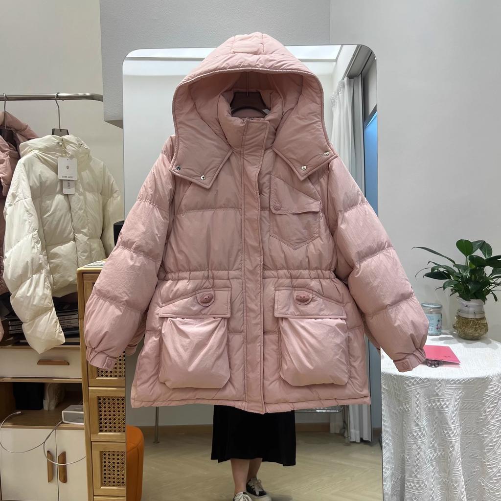 Пуховик женский средний и длинный с капюшоном новый утолщенный пояс свободный теплый белый утиный пуховик прилив