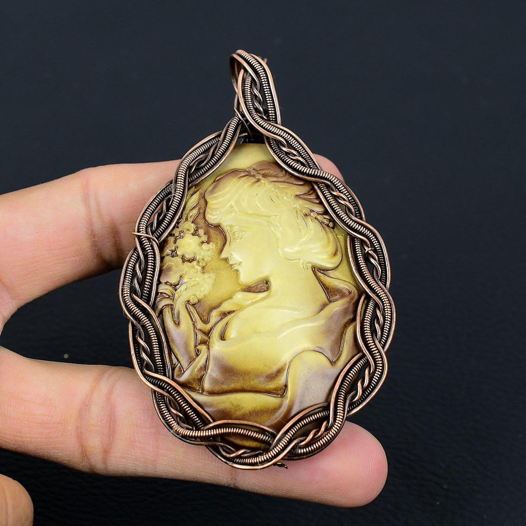 Cameo Lady Craved Face Gemstone Медная проволока Wrap Handmade Pendant Jewelry Gift