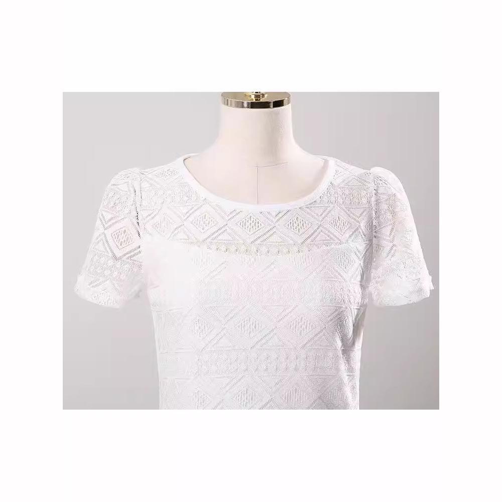 Женская кружевная блузка с ажурной вышивкой, белая элегантная блузка, летняя модная блузка с круглым вырезом и коротким рукавом, милая шикарная блузка