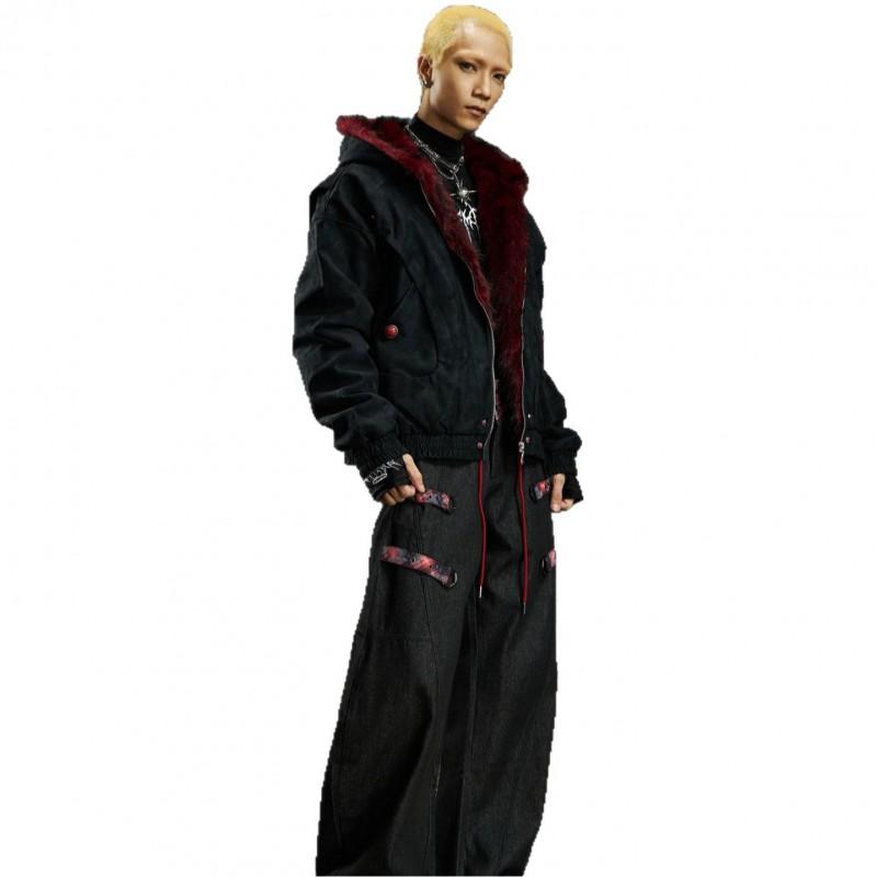 Mens Thick Warm PU Leather Puffer Jacket With Red Faux Fur Collar Hooded Streetwear Winter Coat