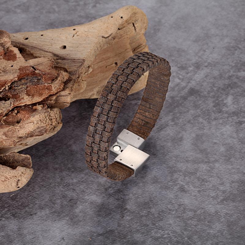 REPTILE LEATHER BRACELET Stainless Steel Reptile Design Bracelet with Dark Brown Woven Genuine Italian Leather