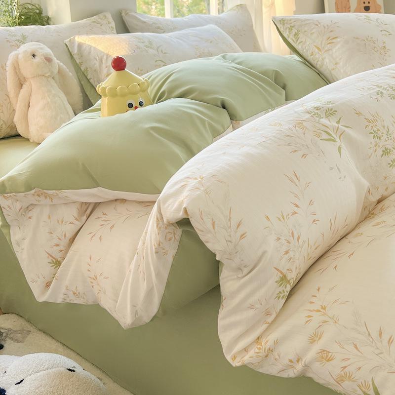 Class A Fresh Four-Piece Set: Washed Cotton Bed Sheet & Duvet Cover with Double Layer Gauze - Home Bedding Collection