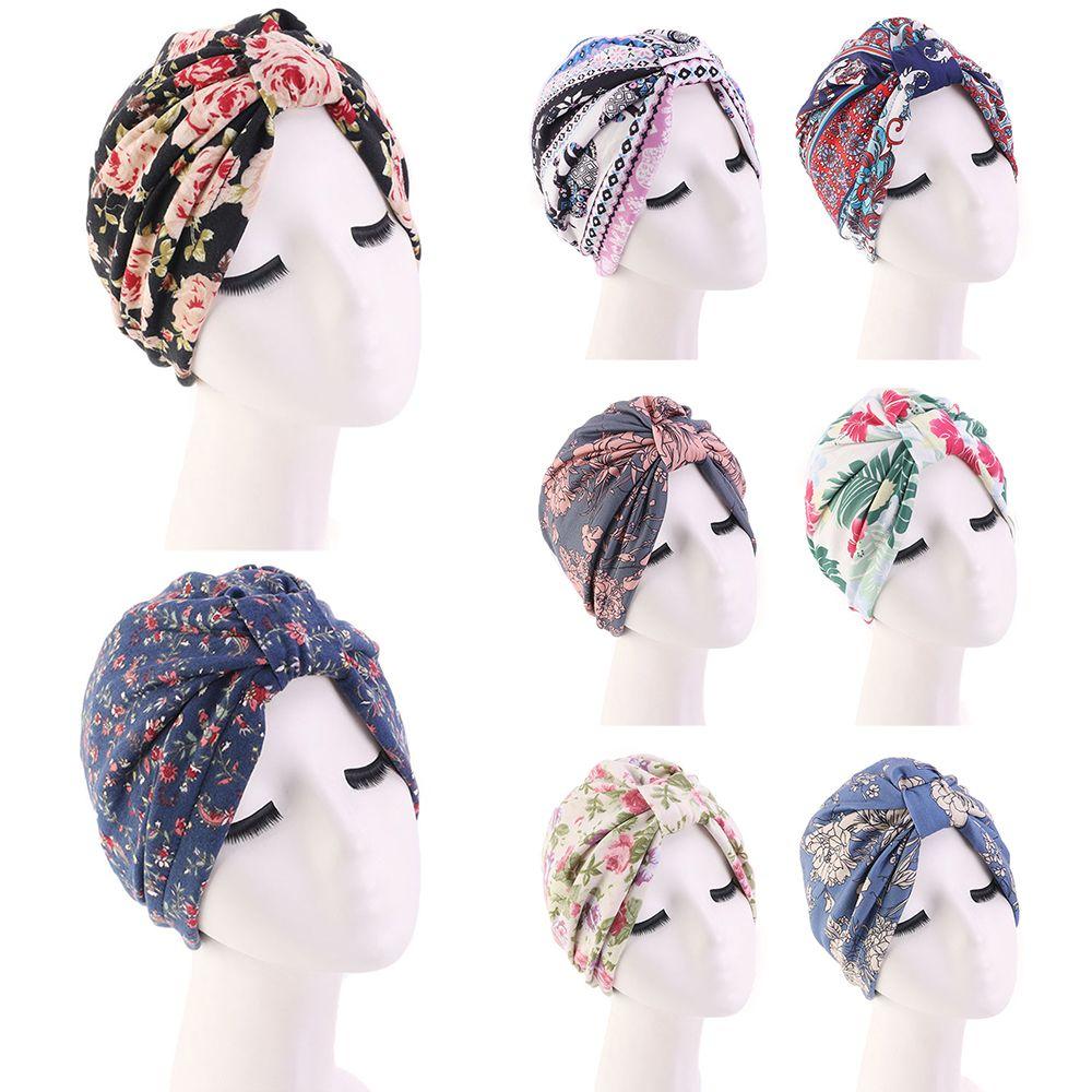 Knot Pleated Cotton Floral Print Turban Hat Head Cover Wrap Hat Soft Bonnet Sleep Night Cap