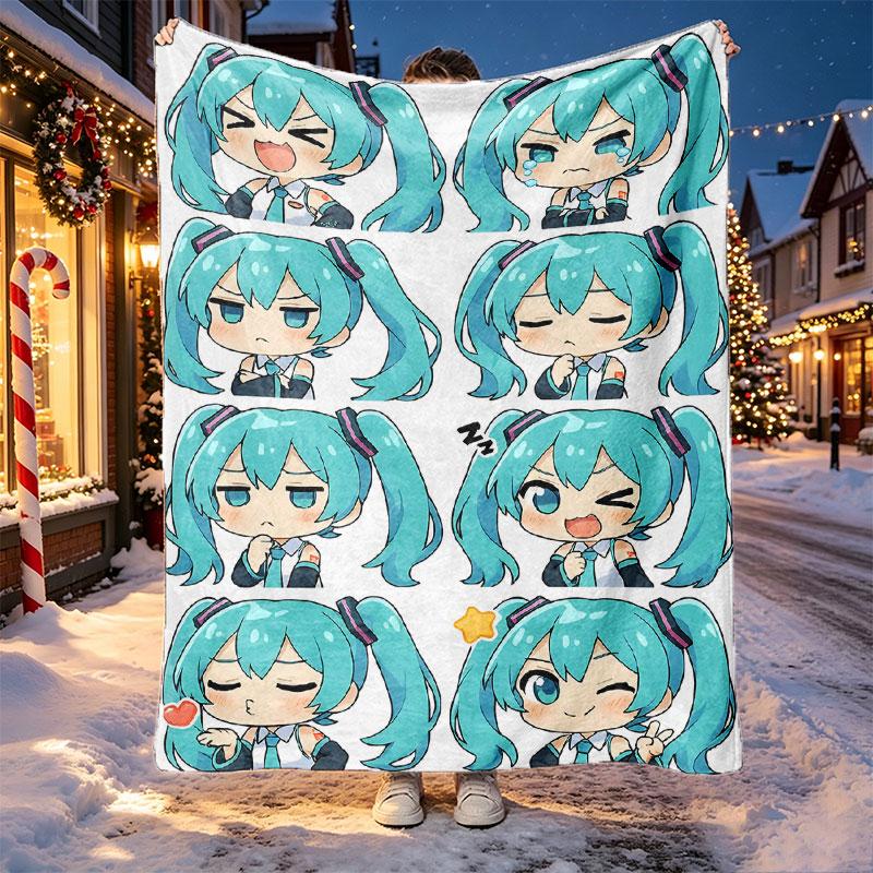 Hatsune Miku Pattern Blanket for Home Decoration, Bed, Sofa, Car Travel, Camping, Suitable for All Seasons, Birthday Christmas Gift