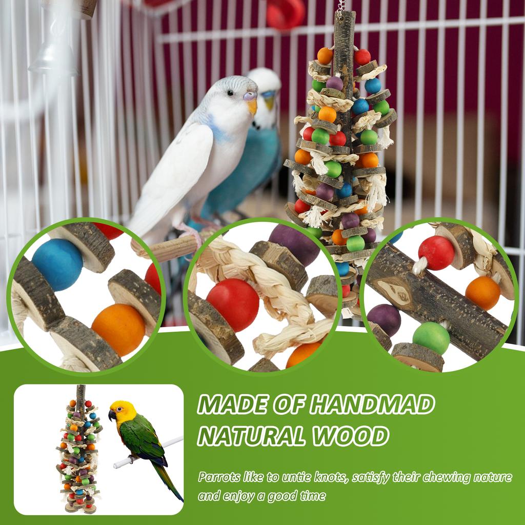Blocks Bird Bite Toy Handmade Wooden Parrot Cage Bite Toy With Top Hook Soothing Pet Chewing Toy Decorative Bird Cage Supplies