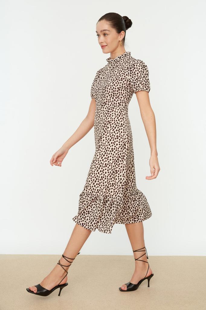 Women's Fashion New Dress Green Floral Patterned A-Line Flounce Lined Midi Woven Dress