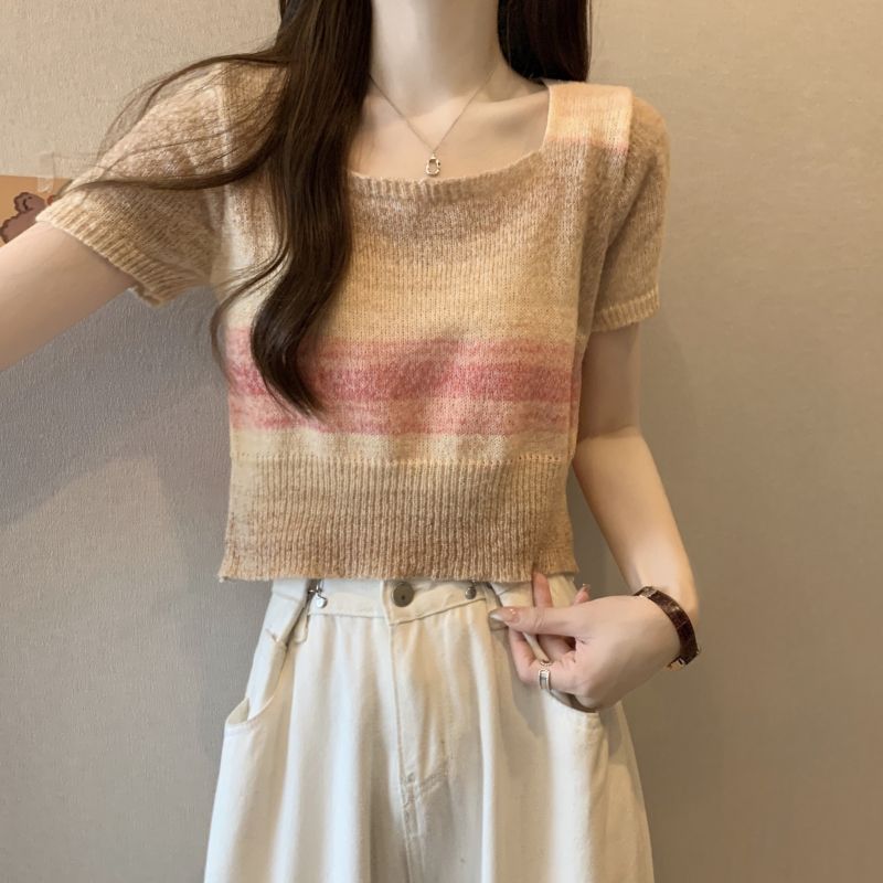 Color Blocked Square Neck Short Sleeved Knitted Sweater for Women In Summer Retro and Niche Short Style Slimming Top