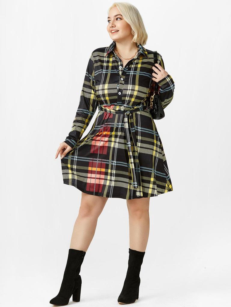 Платье-рубашка в клетку Rosegal размера плюс на полупуговицах с поясом