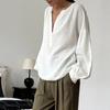 Модные однотонные блузки с V-образным вырезом, женские свободные топы с рукавами-фонариками, повседневная рубашка из хлопкового крепа, весна-осень, стиль Харадзюку