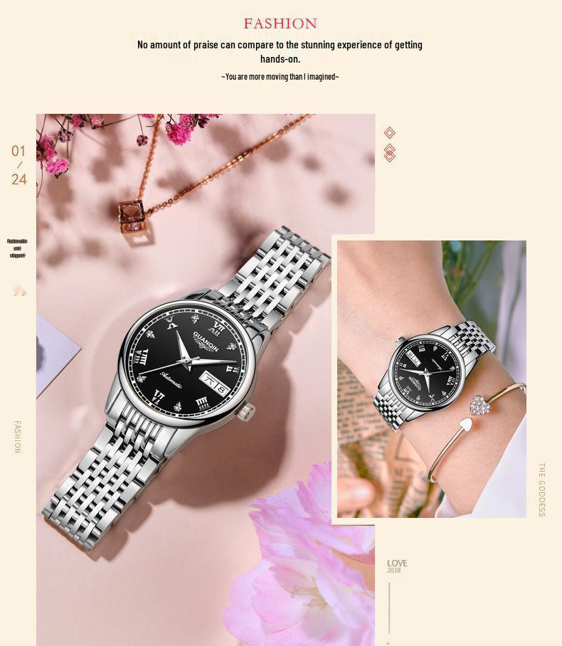 Женские минималистичные водонепроницаемые часы со швейцарскими стразами, двойным календарем, люминесцентным циферблатом и стальным браслетом.