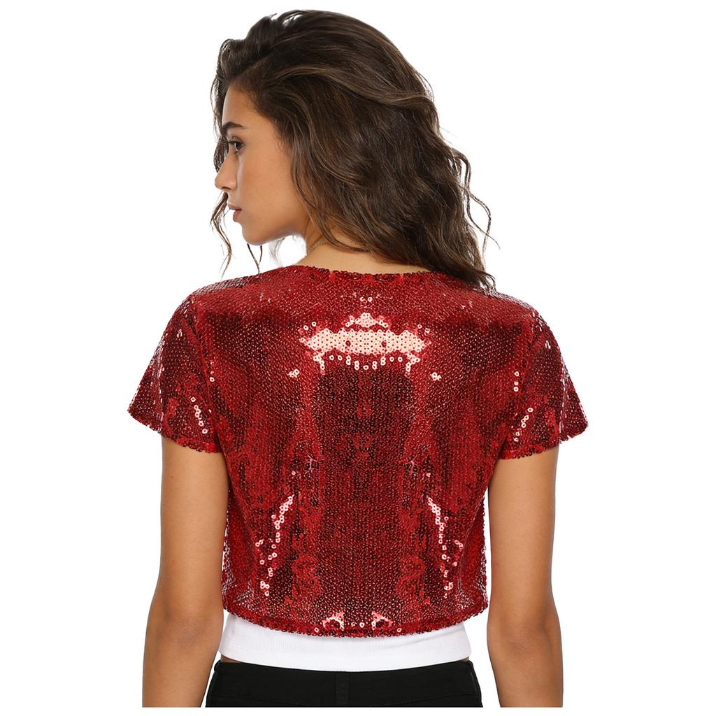 Womens Glitter Sequin Cropped Waistcoat Jacket Cardigan Coat Shiny Outwear Stage Performance Costume