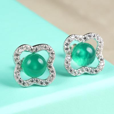 Серьги-гвоздики из стерлингового серебра 925 пробы с халцедоном, модные красивые серьги, серьги-гвоздики с четырехлистным клевером, тонко инкрустированные