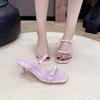 Fashion Bow Flip Slippers Women Summer Outside Wear New Square Toe Open Toe with Skirt Crystal High Heel Sandal Slippers