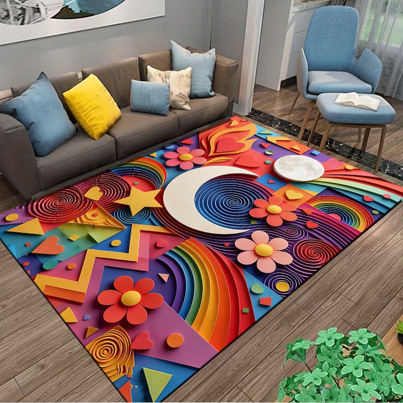 Colorful Moon and Rainbow Carpet with Hearts and Stars Pattern Suitable for use as an anti-slip for living room bedroom sofas