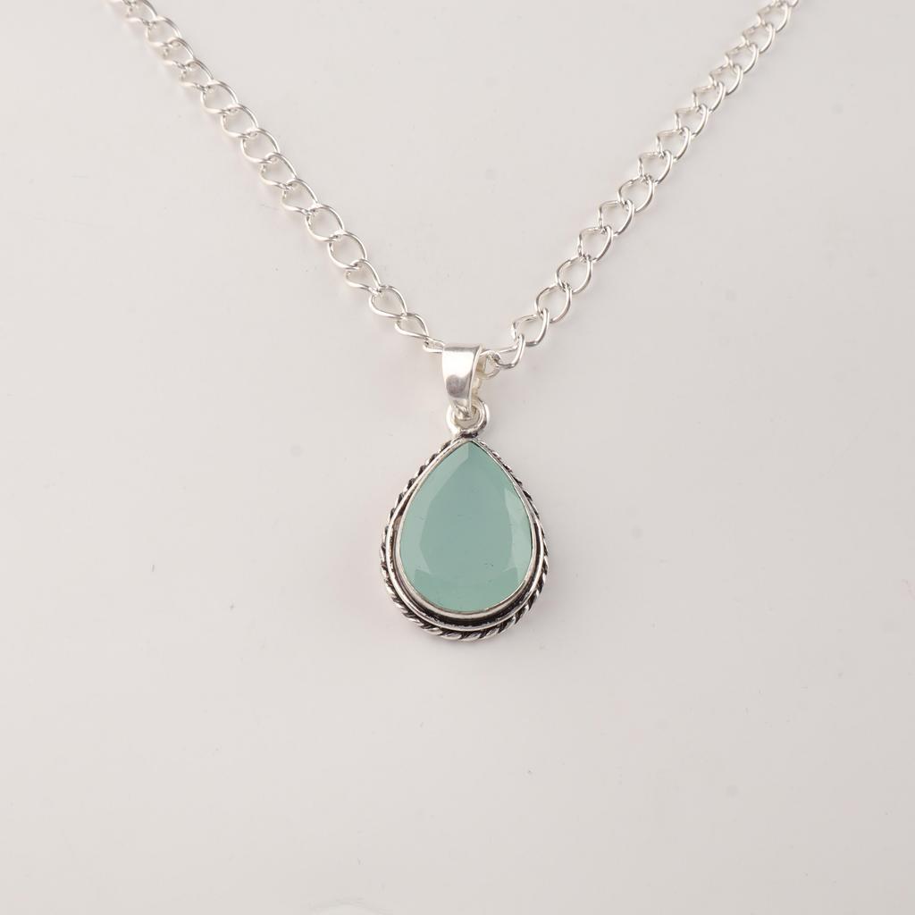 Aqua Chalcedony Gemstone 925 Sterling Silver Handcrafted Boho Pendant 1.3" Wedding Jewelry For Women APP-3-18