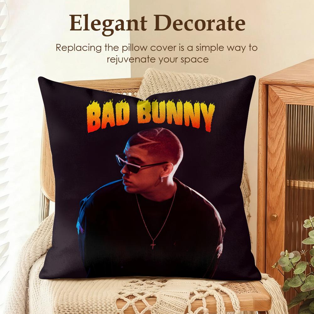 Singer BBad bunny Cushion Cover Natural Linen Organic Fabric DoubleSided Printing Sofa Home Decor Gift Pillow Case
