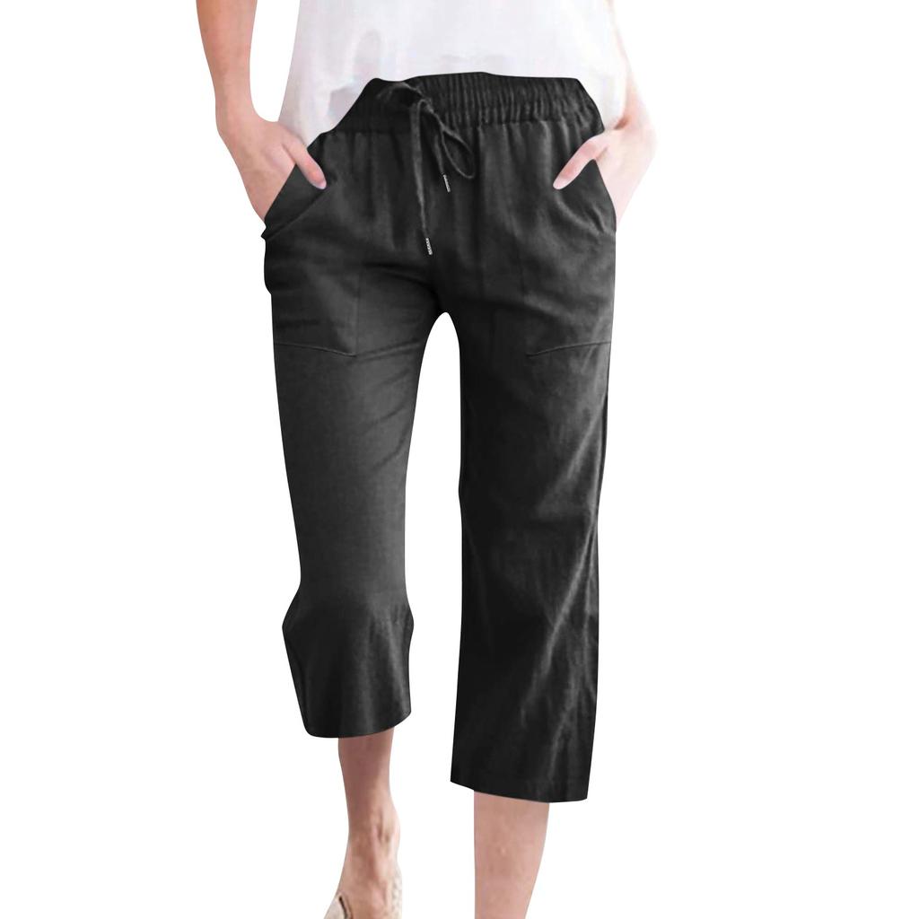 Fashion Women Fashion Casual Solid Color Drawstring Pocket Calf-Length Pants
